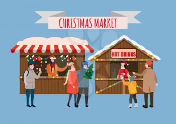 Christmas stalls with with souvenirs and hot drinks shop with garlands decorations