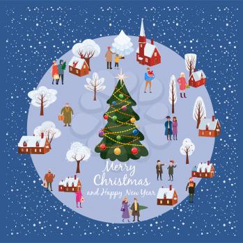 Christmas and New year winter village rural landscape with christmas tree people poster