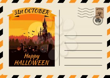 Happy Halloween Postcard invitation template with Postage Stamp background design