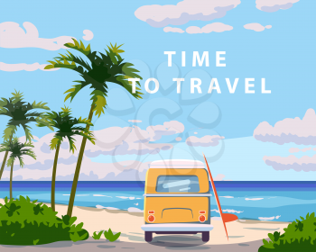 Time to travel. Tropical beach summer resort, seashore sand, palms, waves. Ocean, sea exotical beach landscape, clouds, nature. Vector illustration isolated