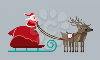Santa Claus on a sleigh with deers and a huge bag of gifts