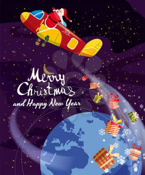 Santa Claus flying on airplane with presents. Vector flat