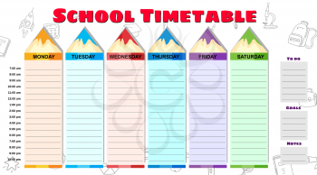 School Timetable weekly, hand drawn sketch icons of school supplies, pencils. Vector template schedule, cartoon style illustartion