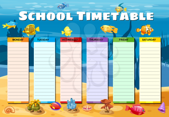 School Timetable weekly with sea fishes, seaweeds on bottom, ocean. Vector template schedule, cartoon style illustartion