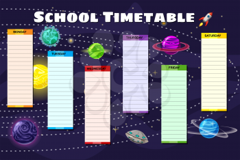 School Timetable weekly Space Galaxy, rocket, planets, sun. Vector template schedule, cartoon style illustartion isolated