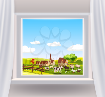 Open window interior home with a rural landscape view nature. Country spring summer landscape from view the window of houses farm, animals, green meadow fields panorama. Vector illustration flat cartoon style