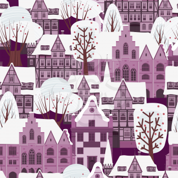 City Winter seamless pattern. European old architecture , houses trees snow. Vector illustration flat style isolated