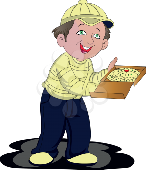 Vector illustration of pizza delivery boy with pizza box.