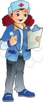 Young Woman Nurse with Stethoscope and Medical Chart, vector illustration