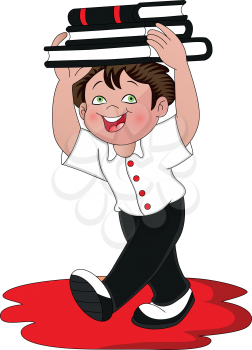 Vector illustration of boy carrying stack of books on head.