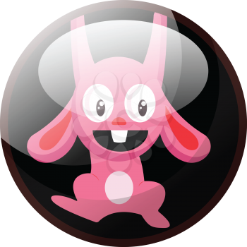Cartoon character of a pink rabbit hanging vector illustration in black circle on white background.