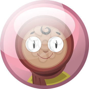 Cartoon character of a smiling arab girl in a hijab vector illustration in pink circle on white background.