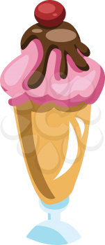 High icecream cup with yellow and pink icecream choclate and cherry on top vector illustration on white background.