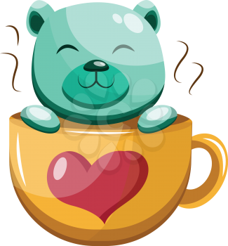 Turquoise bear in a yellow cup with a red heart on vector illustration on white background.