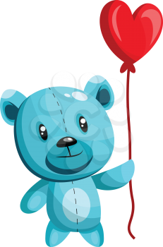 Blue bear holding a heart shaped red balloon vector illustration on white background.