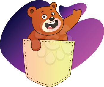 Brown bear waving from a pocket vector illustration in purple blob on white background.