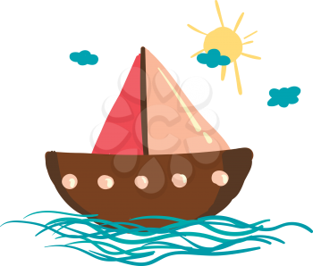 A sailing boat floating on the water under the bright beautiful sunny sky vector color drawing or illustration 