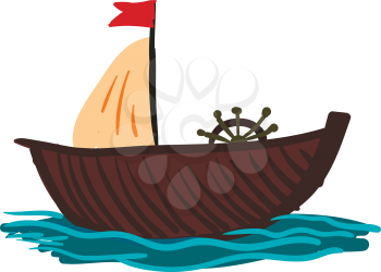 A wooden sailing boat with red flag and ship's wheel ready to take the ride vector color drawing or illustration 