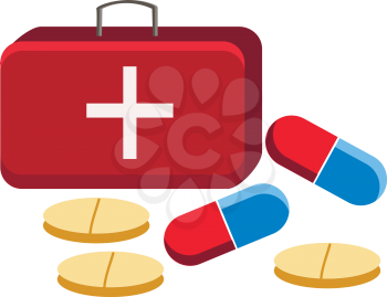 A first aid box with different tablets and capsules in background vector color drawing or illustration 