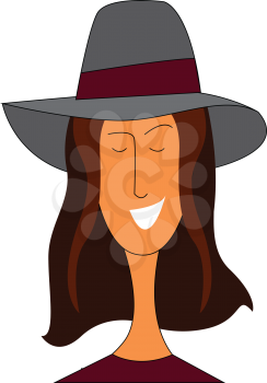Smiling girl in a big grey hat with purple ribbon vector illustration on white background 