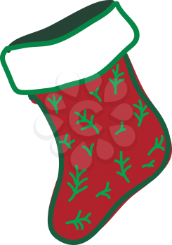 A red sock with green border and green leaves design drawn on it vector color drawing or illustration