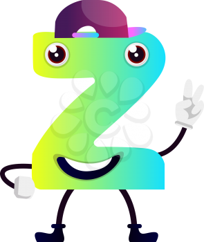 Green cartoon letter Z with purple hat vector illustartion on white background
