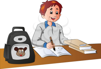 Vector illustration of happy schoolboy studying in classroom.