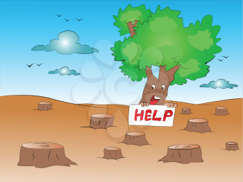 Vector illustration of loan tree with help sign in forest.