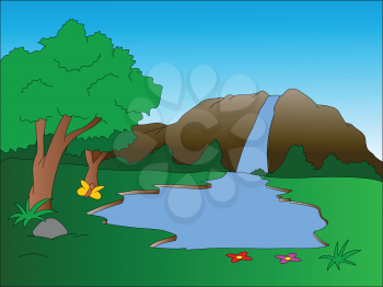 Vector illustration of waterfall scenery.