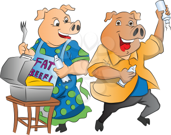 Two Pigs with Lunch Box and Whipped Cream, vector illustration