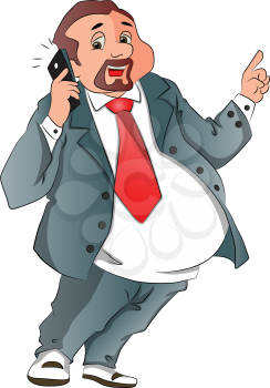 Vector illustration of a happy and overweight business man talking on cellphone, isolated on white background.