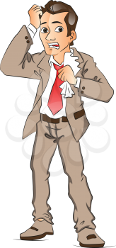 Vector illustration of worried businessman holding crumpled paper.