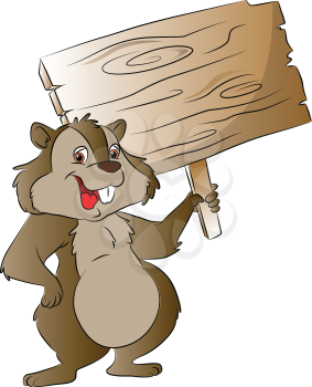 Vector illustration of happy rabbit holding wooden signboard.