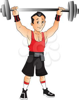 Vector illustration of young man wrightlifting against white background.