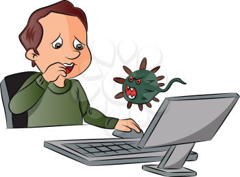 Vector illustration of man scared by looking at virus attack while using computer.