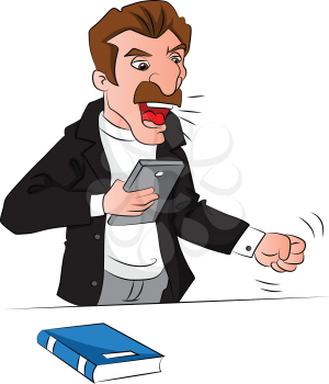 Vector illustration of angry man holding a book and shouting.