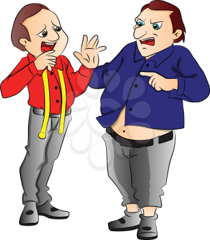Vector illustration of angry obese customer shouting at tailor.