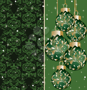 Vintage Christmas card with ornate elegant abstract floral design, green and gold on black with balls and sparkling stars and snow. Vector illustration.