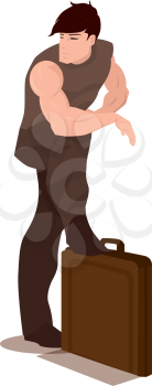 Man Standing Over a Briefcase, Brown, Portfolio, vector illustration