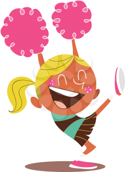 Yound blond illustration of a smiling cheerleader and cheering, with one leg in the air. Looks excited.