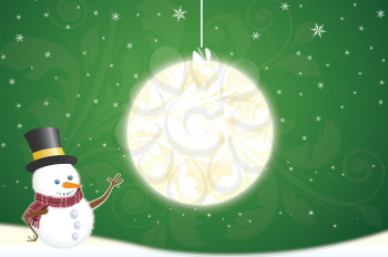Merry Christmas in green and white background with snowman, ball, and snowflakes or stars, vector illustration
