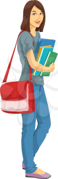 Education showing a college girl with bag and carrying notebooks and books, vector illustration