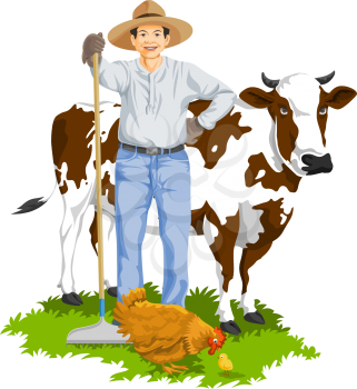 Vector illustration of farmer with hen and cow at farm.