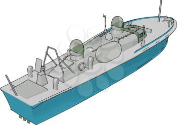 Simple vector illustration of a blue and grey navy ship white baclground