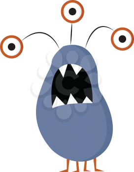 An angry blue monster with red eyes and black pupils It has five white teeth an oval body and four thin red legs vector color drawing or illustration 