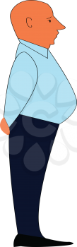 A sad bald man standing upright with his hands held behind him is wearing a blue shirt navy blue pants black shoes and has a potbelly vector color drawing or illustration 