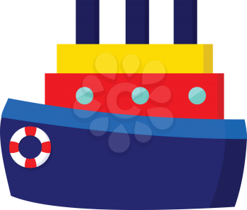 A ship in light blue and navy blue colors has three blue chimneys a yellow upper deck a red middle deck with three windows Additionally has a safety inflatable ring to its front end vector color drawing or illustration 