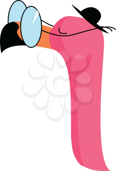 A pink flamingo wearing rounded glasses and a black hat vector color drawing or illustration 