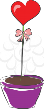 A heart-shaped balloon with a pink-colored bow growing out of the violet colored flower pot vector color drawing or illustration 