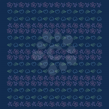 A regular pattern of lips stars flowers and hearts arranged in rows against a bright blue background vector color drawing or illustration 